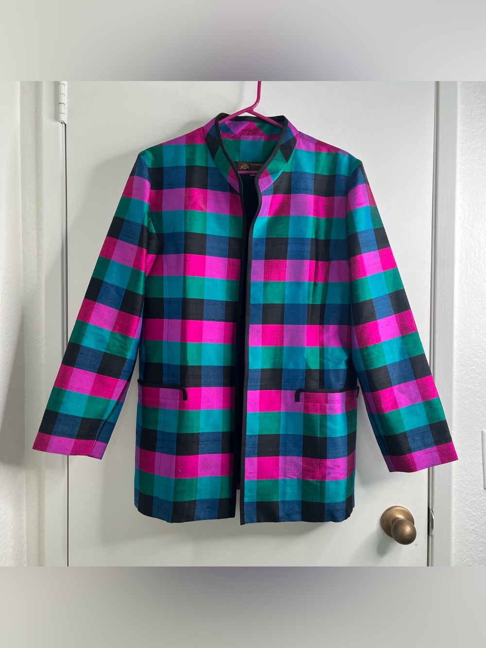 Thomson 100% Silk Jewel Toned Plaid Jacket Size XL 80s Colorblock Grandmillenial